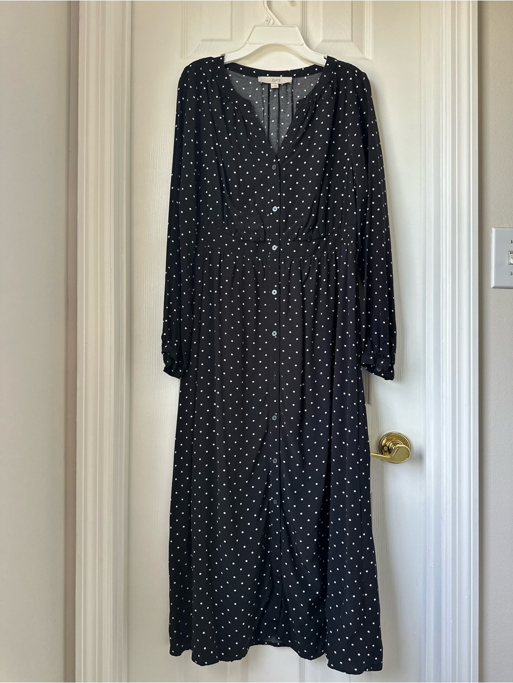 LOFT Black Polka Dot Long Sleeve Button-Front Dress